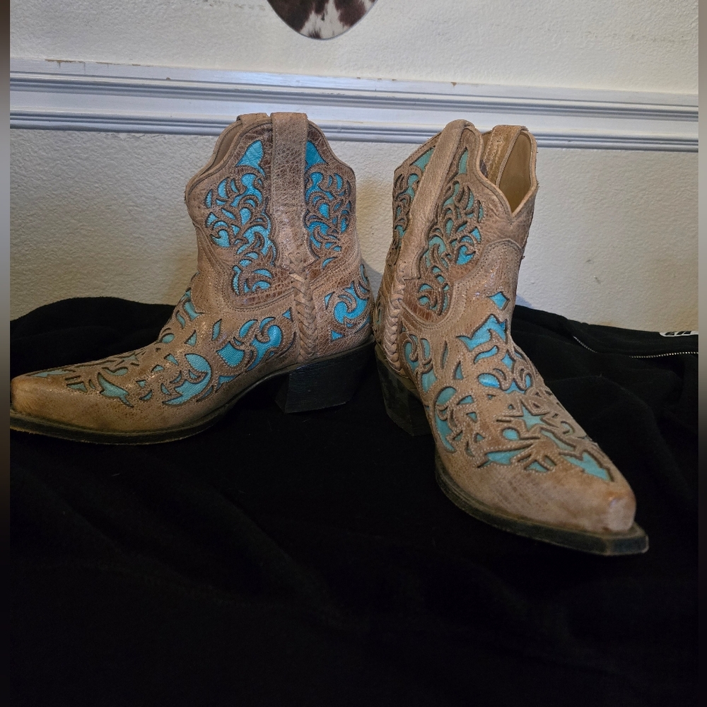 Blue and Tan Ankle Booties with Ornate Design
